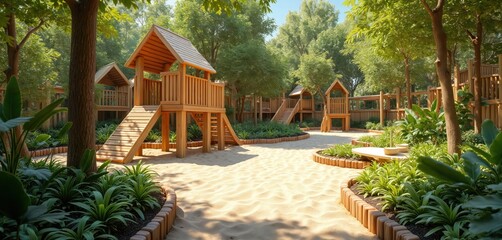 Wooden playground features climbing frames, sensory play areas with sand. Surrounding vibrant plant life, inviting pathways create eco-friendly, outdoor space. Children eco-friendly leisure, garden,