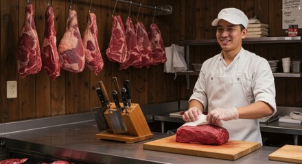 Smiling Butcher in a Clean Butcher Shop