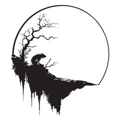 vector illustration of a silhouette of a dragon sitting under the tree
