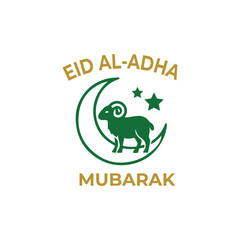 Eid Al-Adha Mubarak with Ram, Crescent Moon, and Stars – Vector Illustration