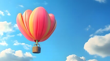Fototapeta premium Pink flower hot air balloon floats in blue sky with fluffy clouds background