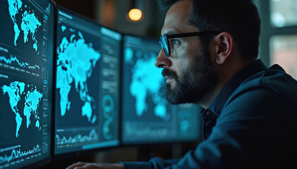 Logistics manager uses AI-powered tools to optimize supply chain reduce costs. Man wearing glasses, monitors show global data. Business intelligence, data analytics, digital transformation, global