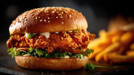 Crispy chicken burger with mayo, lettuce, and tomato on a sesame bun, served with fries, perfect for fast food branding, ad banners, and takeaway menu covers