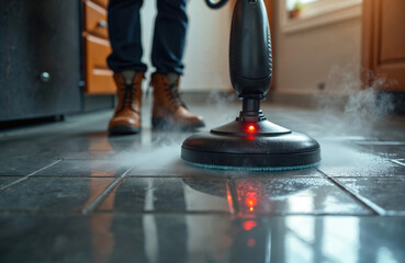 Pro steam cleaning tile floor. Man cleans tiles with steam cleaner. Sanitize and disinfect maintenance service. Housekeeping, surface hygiene cleaning. Cleaning service.