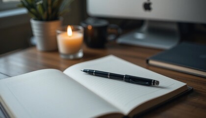Open Notebook with Pen Candle and Plant on Wooden Desk Cozy Workspace