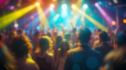 Blurred background revelry shindig. A night party with people are having fun in colorful spotlight at a nightclub