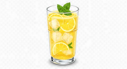 illustration of iced lemonade drink with fresh lemon slices, mint leaves, frosty glass with condensation, citrus summer beverage style on transparent background.