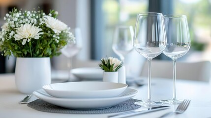 Dining area with designer chairs and crystal pendant lighting, elegant dinner party setting