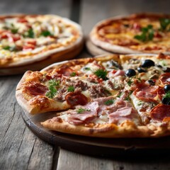 Three Pizzas on Wooden Boards with Various Toppings
