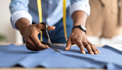 Hands skillfully cut blue fabric while measuring tape accentuates the creative workspace.