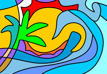 Colorful modern cubism style illustration of a tropical beach during summer. 