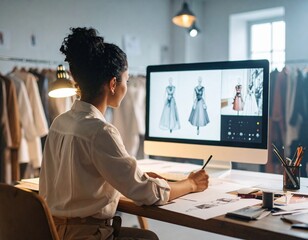 A designer sketches innovative clothing while inspired by digital fashion concepts at dawn.