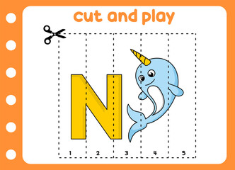 cut and play animal picture cute narwhal . kids game.