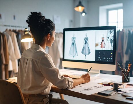 A designer sketches innovative clothing while inspired by digital fashion concepts at dawn.