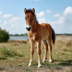 Obraz premium Standing Light Brown Foal in Grassy Field