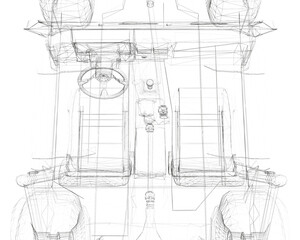 A drawing of a car with a steering wheel and two seats. The car is a small vehicle with a large wheel
