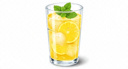 Fototapeta premium illustration of iced lemonade drink with fresh lemon slices, mint leaves, frosty glass with condensation, citrus summer beverage style on transparent background.