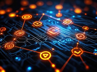 Abstract 3D Rendered Circuit Board with Glowing Cyber Network in Dark Blue & Orange: Futuristic Big Data Connection Concept for Cybersecurity Presentations, Tech Branding, or Digital Infrastructure 