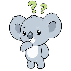 Cartoon illustration of cute little koala thinking on white background