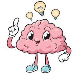 Cartoon illustration of cute brain has an idea on white background