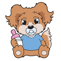 Cartoon illustration of cute little puppy with dummy and milk bottle