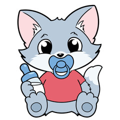 Cartoon illustration of cute little kitten with dummy and milk bottle