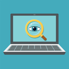 Vector illustration of laptop with search icon in flat style