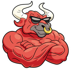 Cartoon illustration of muscular bull in sunglasses on white background