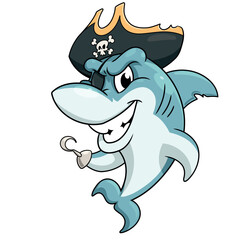 Cartoon illustration of shark in pirate hat on white background