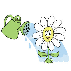Cartoon illustration of watering can and smiling flower on white background