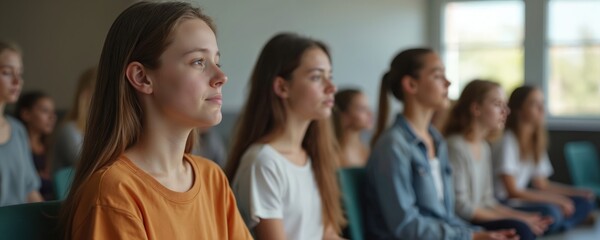 Teenage students practice mindfulness meditation in classroom. Young girls sit in meditative posture, eyes closed. Wellness program introduces stress management techniques. Mindfulness, inner peace,