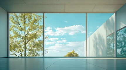 bright minimal office with glass wall and clear sky outside