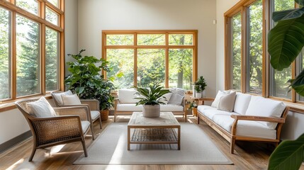 Contemporary sunroom with lush indoor plants and cozy seating, luxury renovation highlight