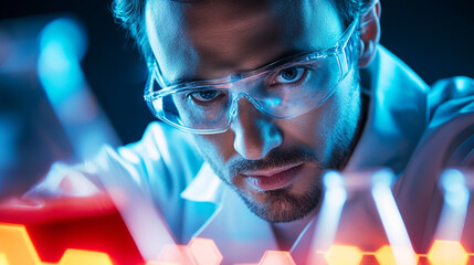 A focused scientist conducting experiments in a vibrant laboratory.