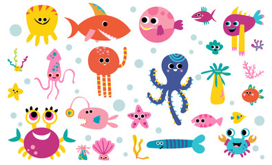 Underwater cartoon ocean fish animal life. game vector set Marine whale octopus vector illustration aquarium set.