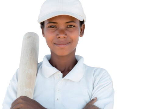 Young female baseball player stands confidently with a bat, showcasing her passion for the sport against a transparent background. This cut-out image highlights her enthusiasm and dedication to