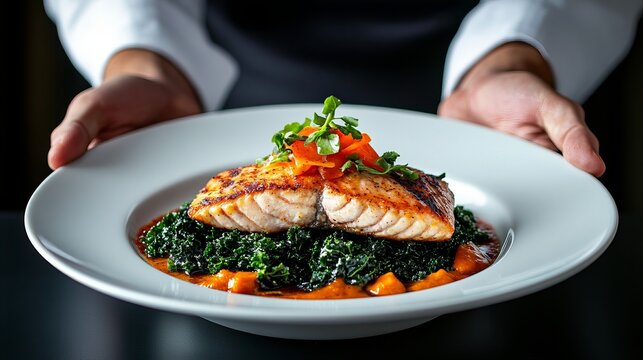 Chef presents grilled salmon served over kale and squash on a white plate. - high quality Chef presents grilled salmon served over kale and squash on