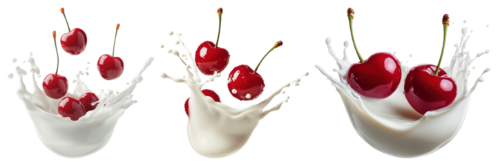 PNG Cherries splashing creamy milk, element set on transparent background