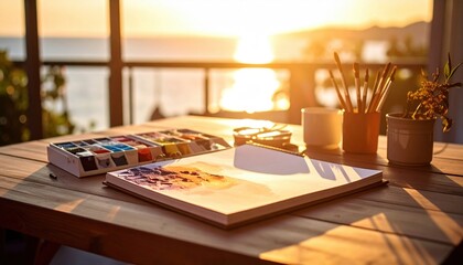 A calm evening unfolds as art supplies rest on a table, basking in warm sunset light.