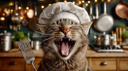 Cat wearing a white chef’s hat and holding a spatula