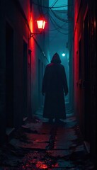 A shadowy figure lurking in a dark alleyway, exuding an aura of malice and deceit  The scene is suggestive of nefarious activities and hidden agendas ,  mystery,  agenda,  urban