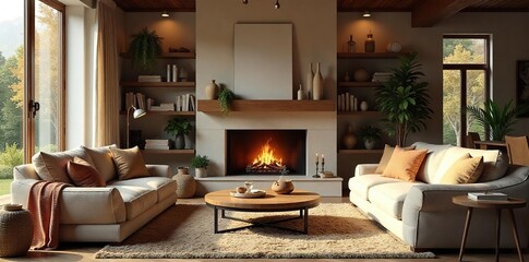 Cozy family room interior with fireplace, comfortable furniture, and natural light streaming through large windows  Perfect for relaxation and family time ,  furniture,  home