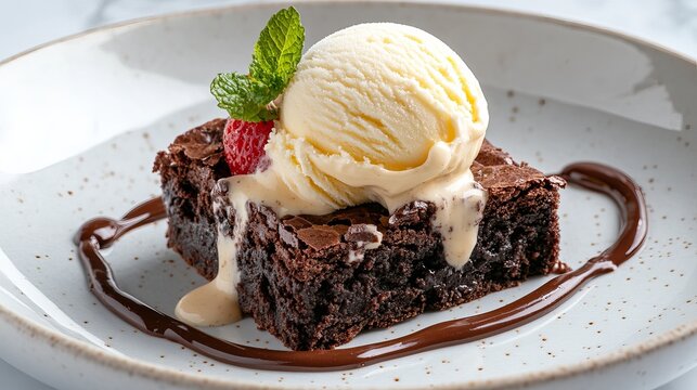 Chocolate brownie sits on a plate topped with vanilla ice cream, a strawberry, and mint, accented by chocolate sauce.