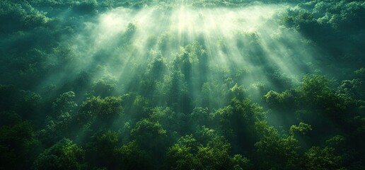 Obraz premium Sunlight piercing through misty forest canopy