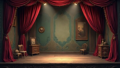 Illustration of vintage theater stage with red curtains, spotlights, wooden furniture. Empty scene ready for show, play or performance. Antique, retro theatre stage illustration for various concepts.
