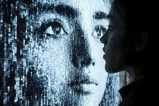 Digital portrait of a woman gazing at a face composed of data.