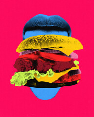 Conceptual art collage. Vibrant burger stack merges with surreal lips against pink background, creating explosive pop vision of consumption and identity. Concept of junk food, surreal personality
