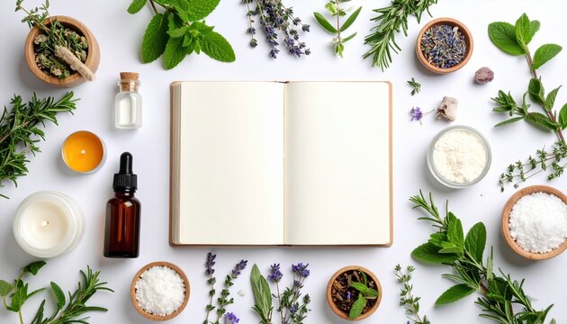 An array of fresh herbs, oils, and a blank journal invites creative ritual writing and exploration.