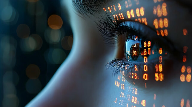 Close-up of an eye with digital code overlay.