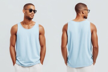 A young man wearing a light blue tank top mockup and sunglasses, posing in a studio setting. The image shows both front and back views, highlighting the casual style and fit of the tank top.